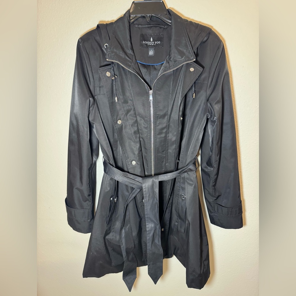 London Fog Ladies Black Rain Coat with Hood Size Large